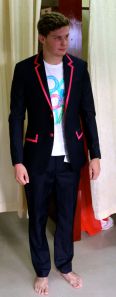 Matt in his custom-made pink piping dinner suite from Kimmy Tailors